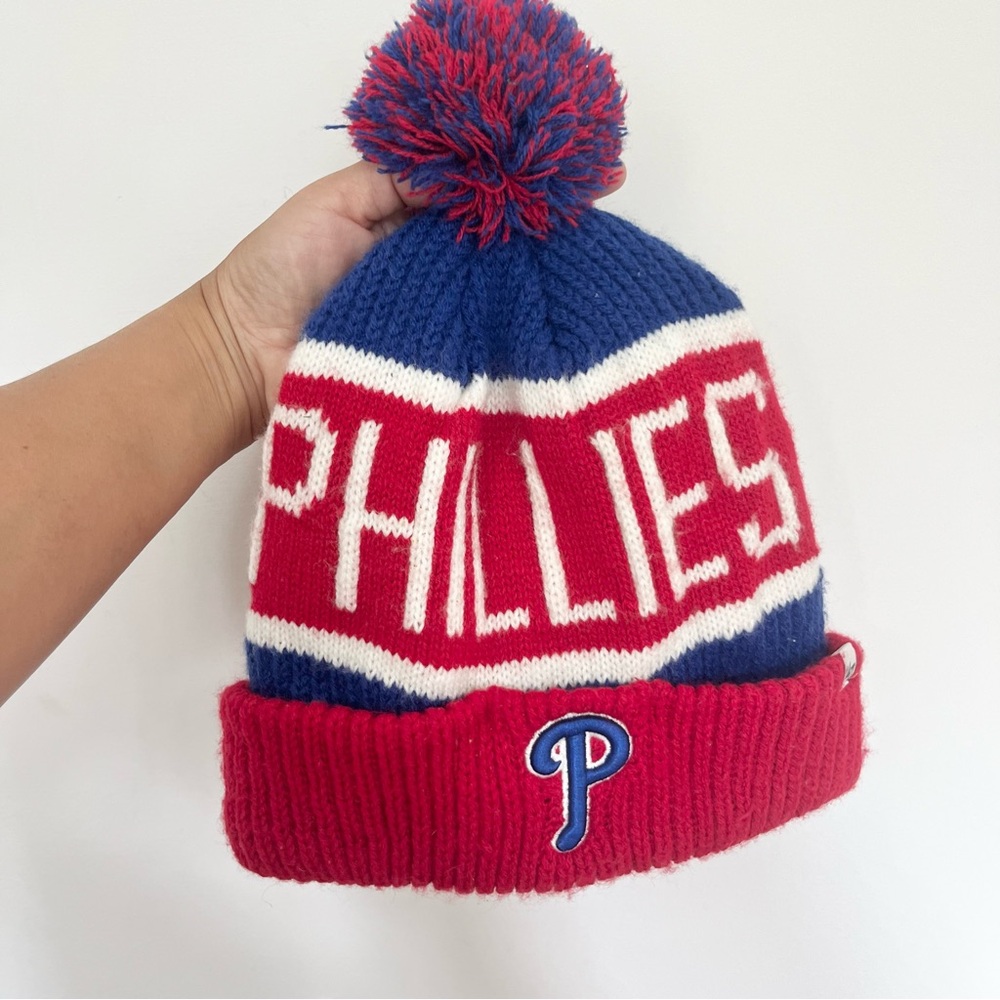 47 Brand Phillies Knit Beanie with Pom Pom Red Blue Winter Hat One Size Unisex